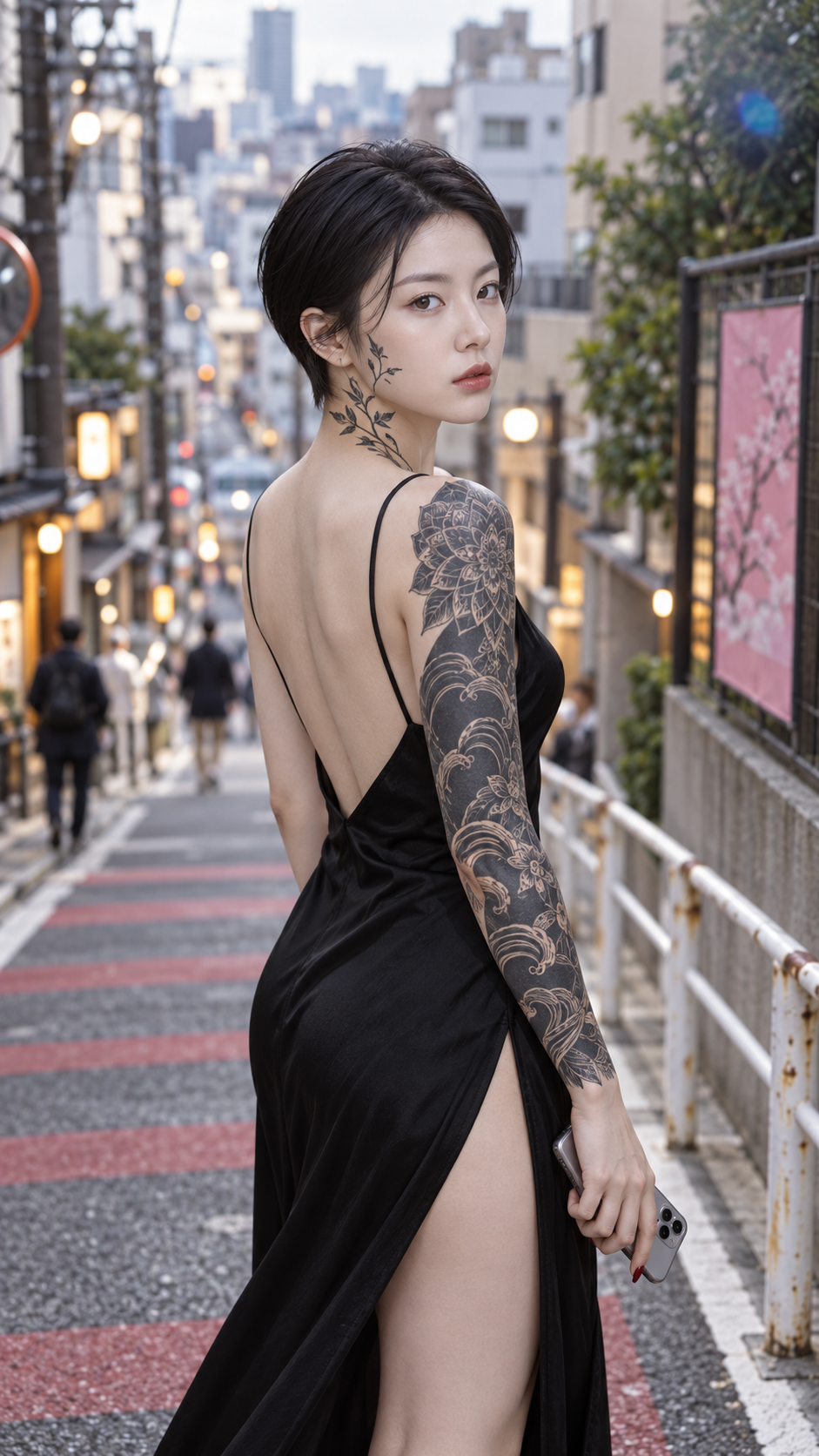 日系街头回眸的刺青黑裙少女 — AI image creation