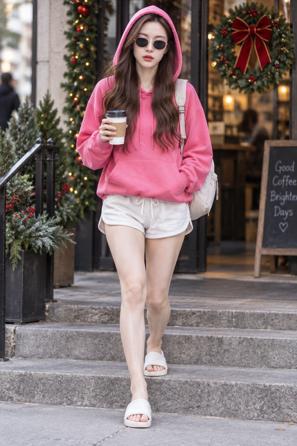 Ảnh street style áo hoodie hồng sáng trước cửa hàng Giáng sinh