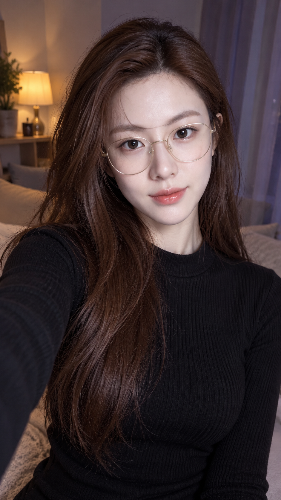 金丝眼镜与柔和闪光灯的成年女性随拍肖像 — AI image creation