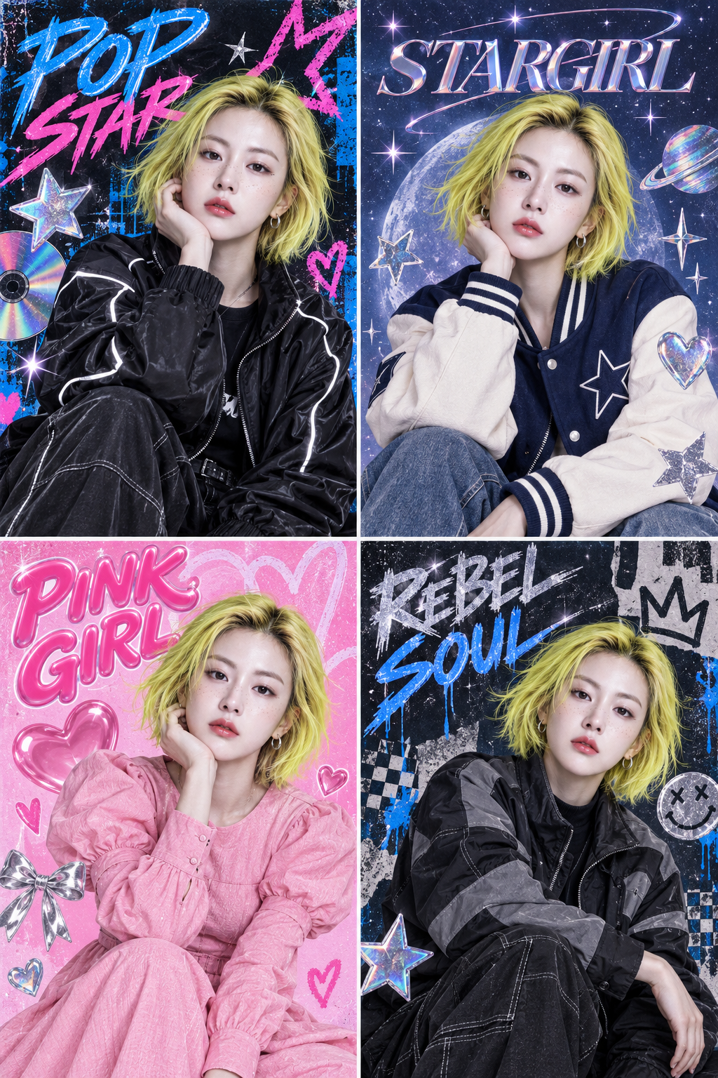成年女性四主题Y2K赛博流行时尚拼贴 — AI image creation