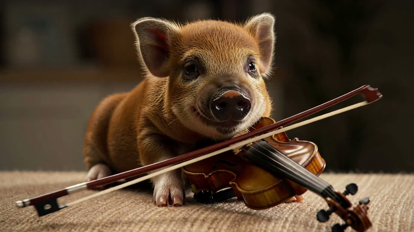 Smiling Piglet's Mini Violin Performance — AI video creation