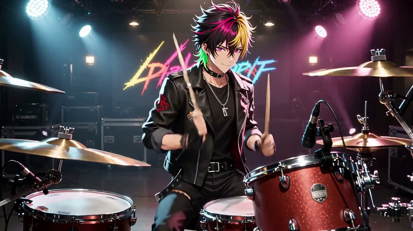 Tay trống anime trên sân khấu rock — AI video creation