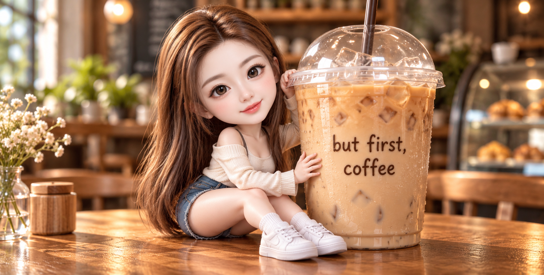 3D Q版成年女性与巨型冰咖啡杯
