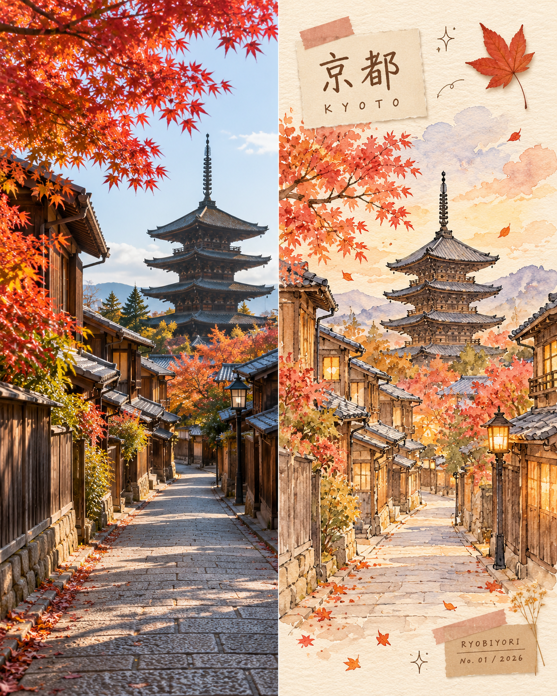 秋日京都旅行手帐左右分栏水彩海报 — AI image creation