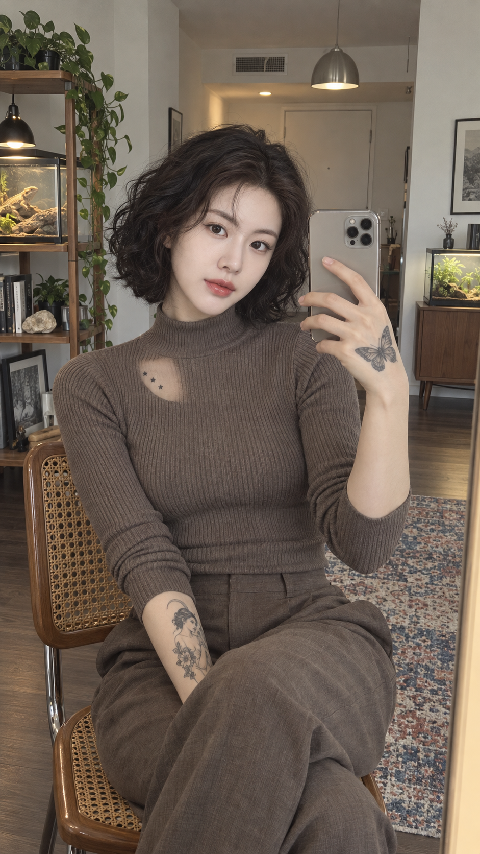 Adult Tattooed Mirror Selfie in a Minimalist Apartment — AI image creation