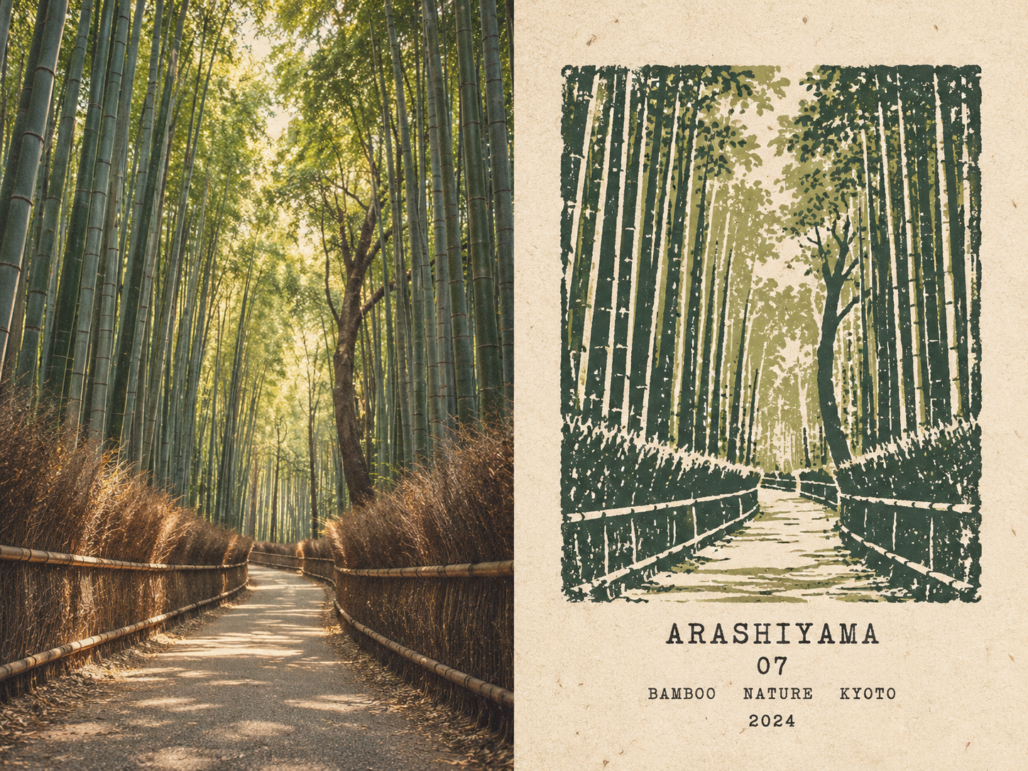 京都岚山竹林旅行日志橡皮印章海报模板 — AI image creation