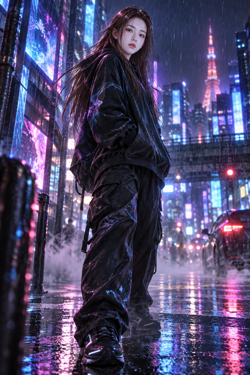 霓虹雨夜东京街头成年女性赛博朋克插画 — AI image creation