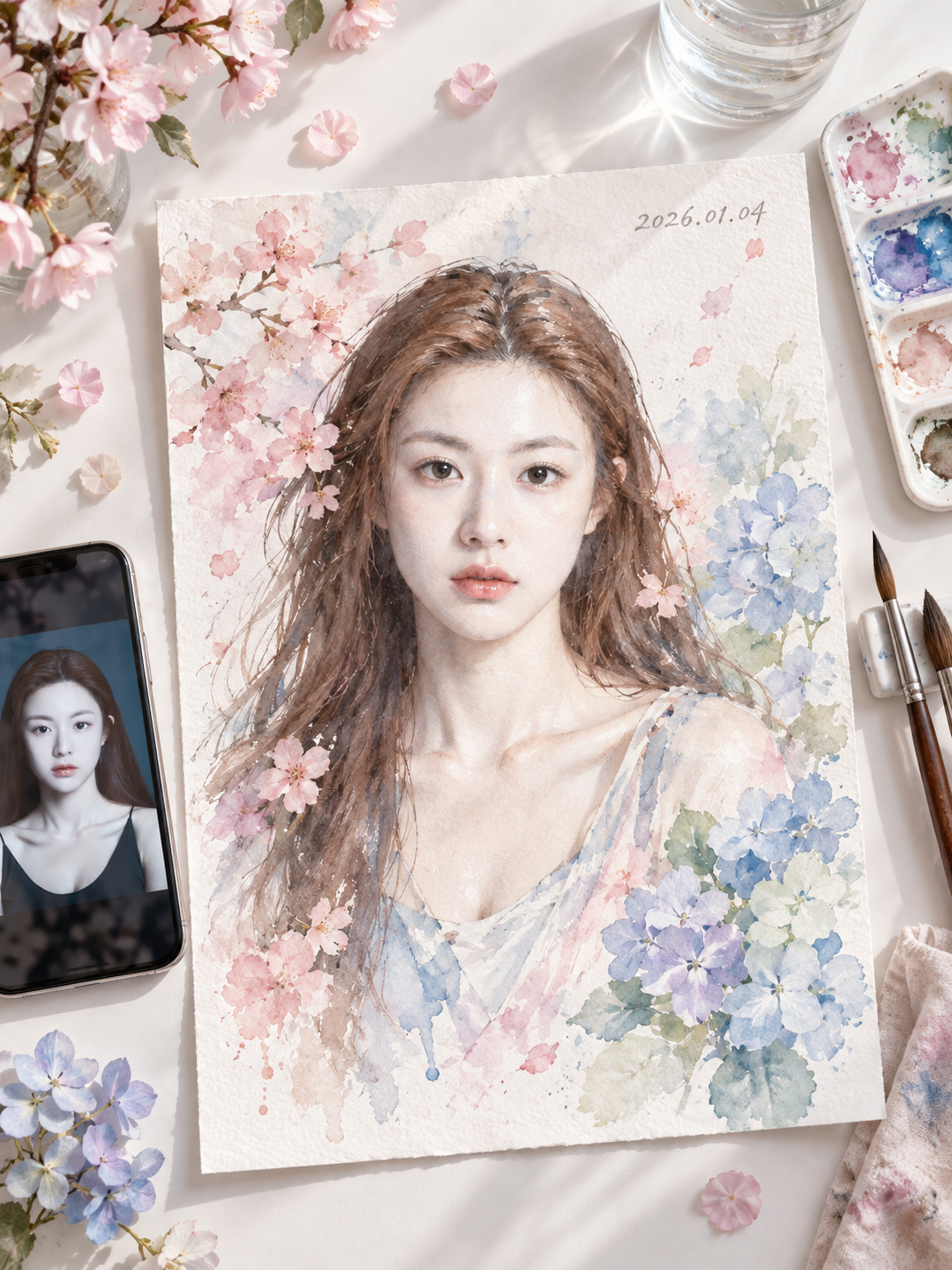 참고 사진과 함께한 책상 위 수채화 정물