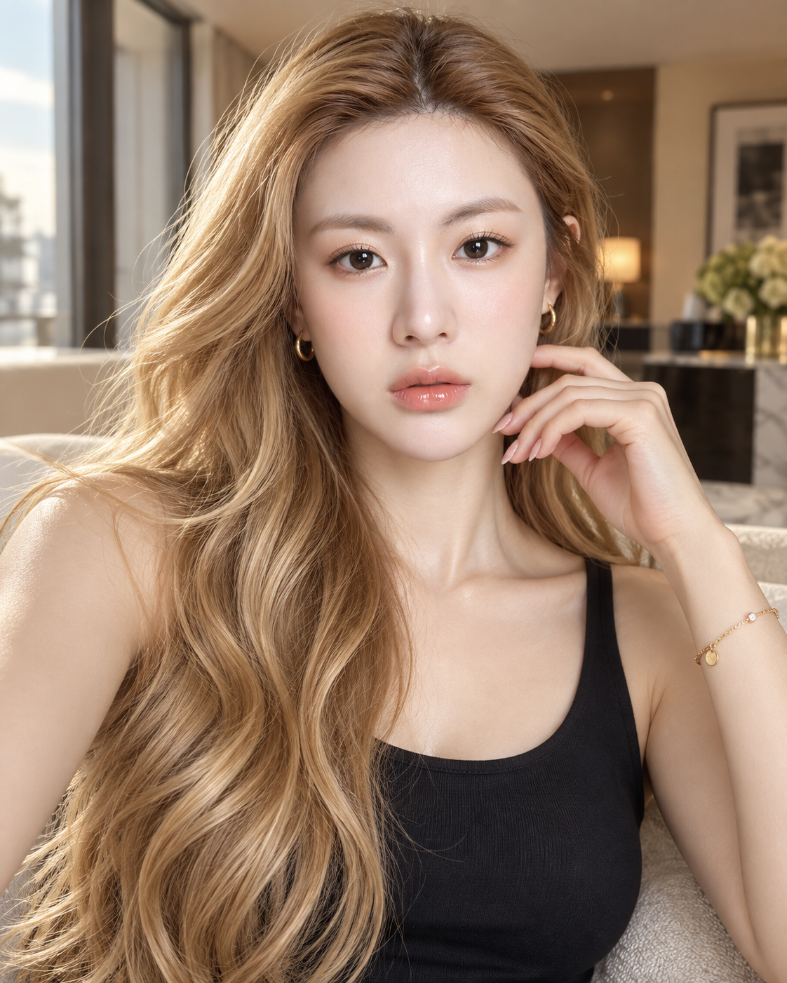 金色波浪长发成年女性美妆人像 — AI image creation