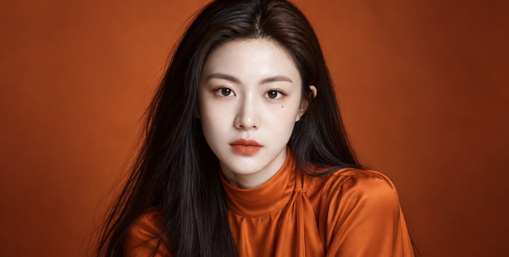 橙色影调成年东亚女性美妆肖像 — AI image creation