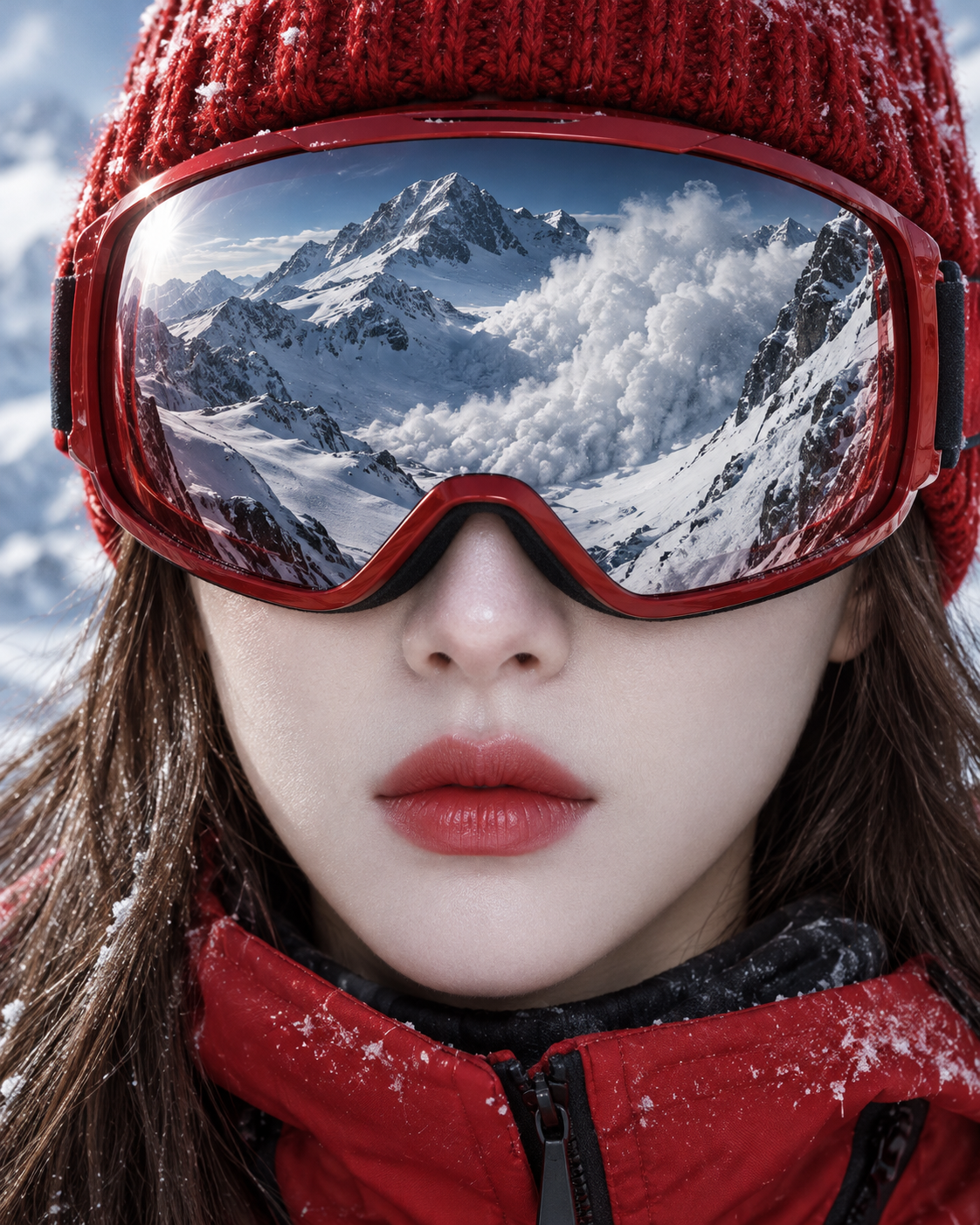 红色雪镜中的高山雪崩倒影