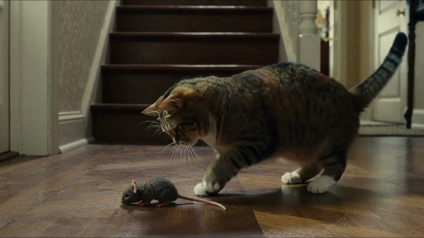 猫咪玩鼠后奔上楼梯
