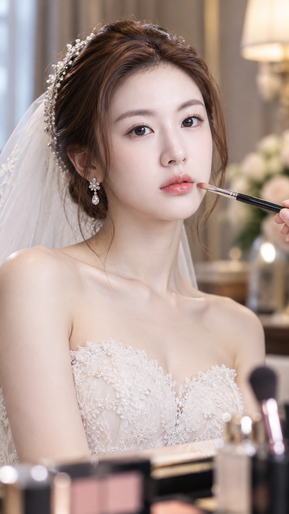 东方成年新娘婚礼现场上扬眼型妆容肖像
