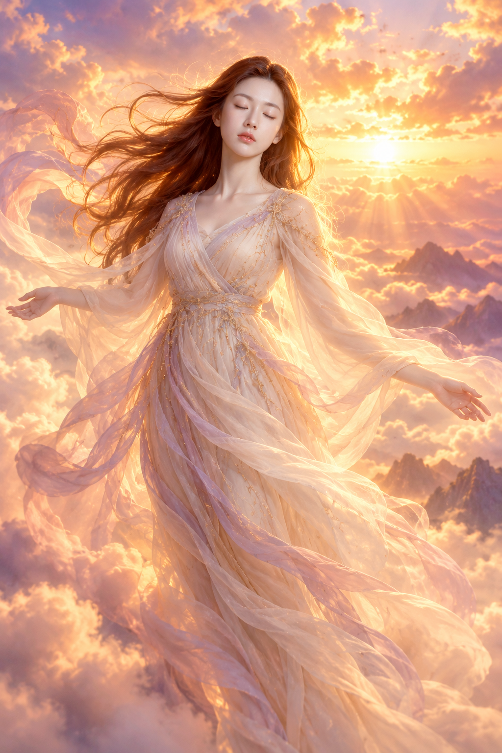 暮色云端身披雾纱的成年女性幻想人像 — AI image creation