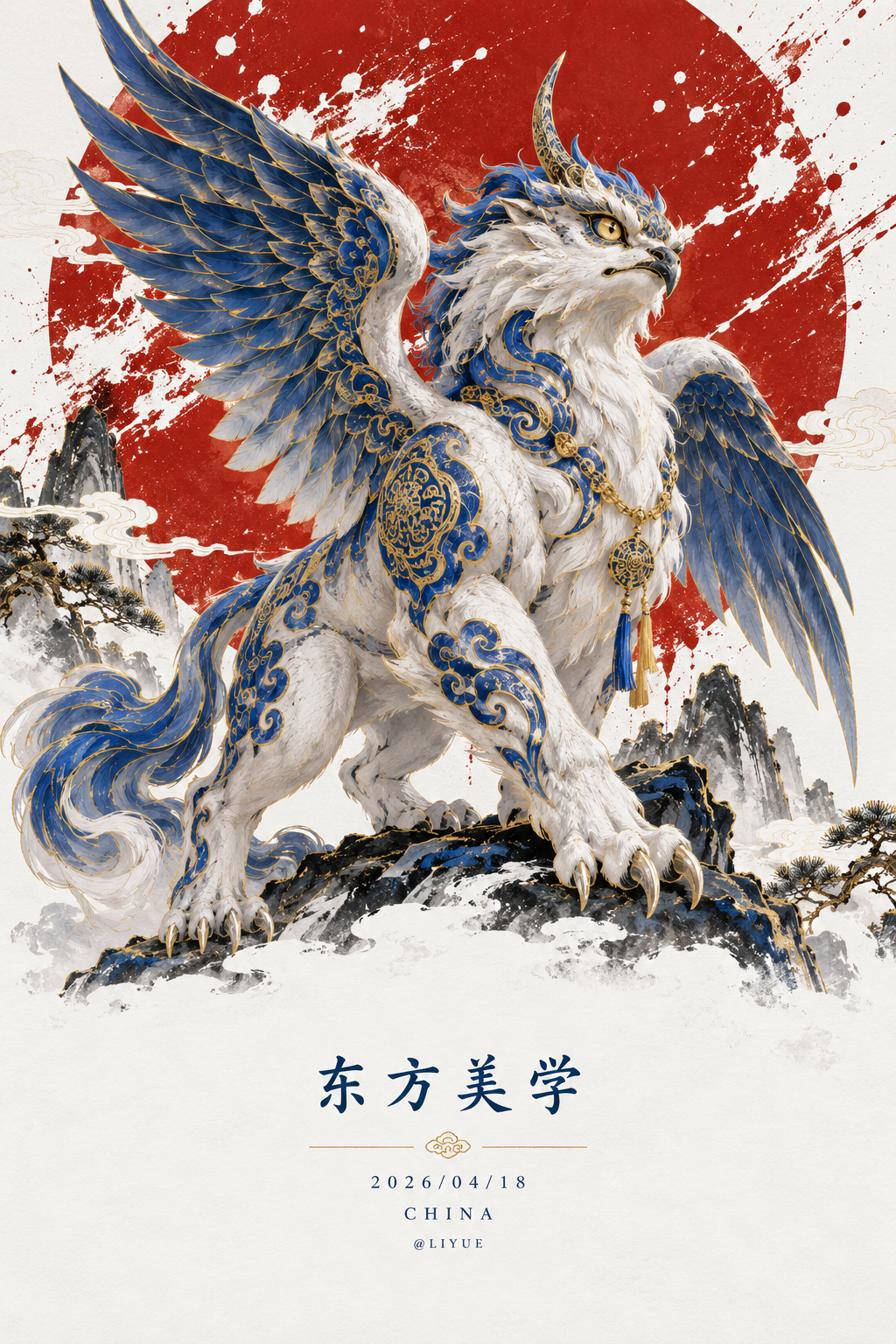 荧光蓝穷奇新中式山水画 — AI image creation