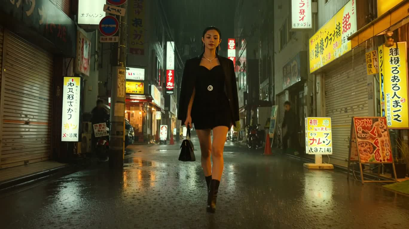 霓虹雨巷中的女侠 — AI video creation