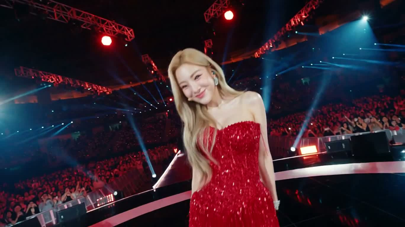 红裙金发女王舞台庆典 — AI video creation