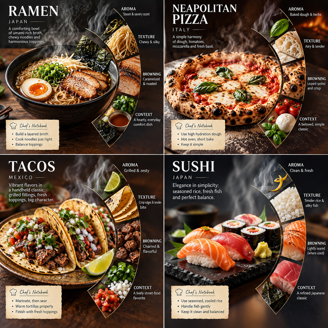 四款国际料理风味层次分解信息图 — AI image creation