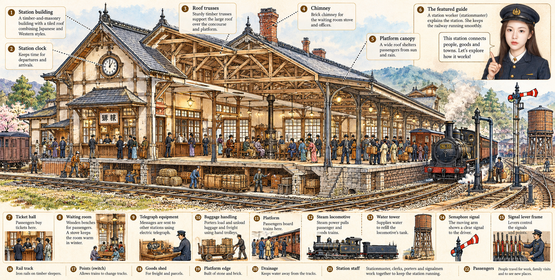 十九世纪日本火车站百科剖面插画 — AI image creation
