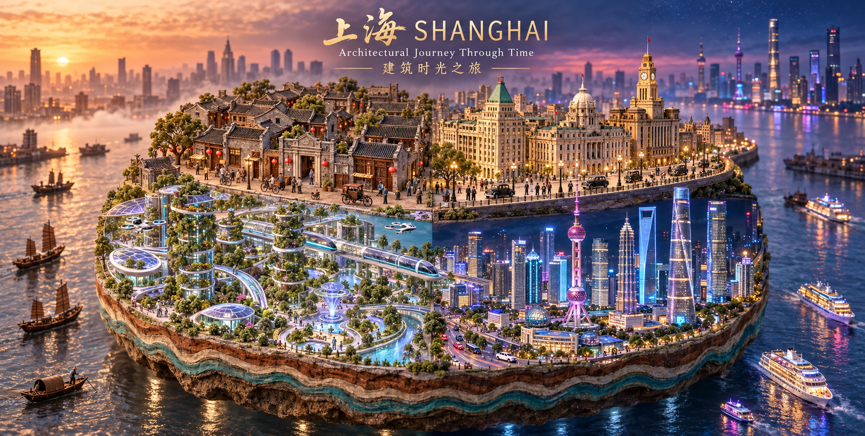 Voyage temporel architectural de Shanghai : modèle miniature circulaire à quatre quadrants