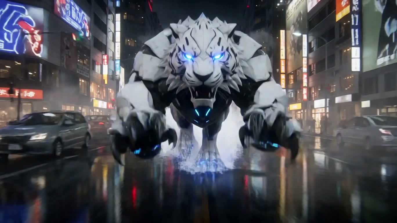 霓虹雨夜:机械虎龙决战 — AI video creation