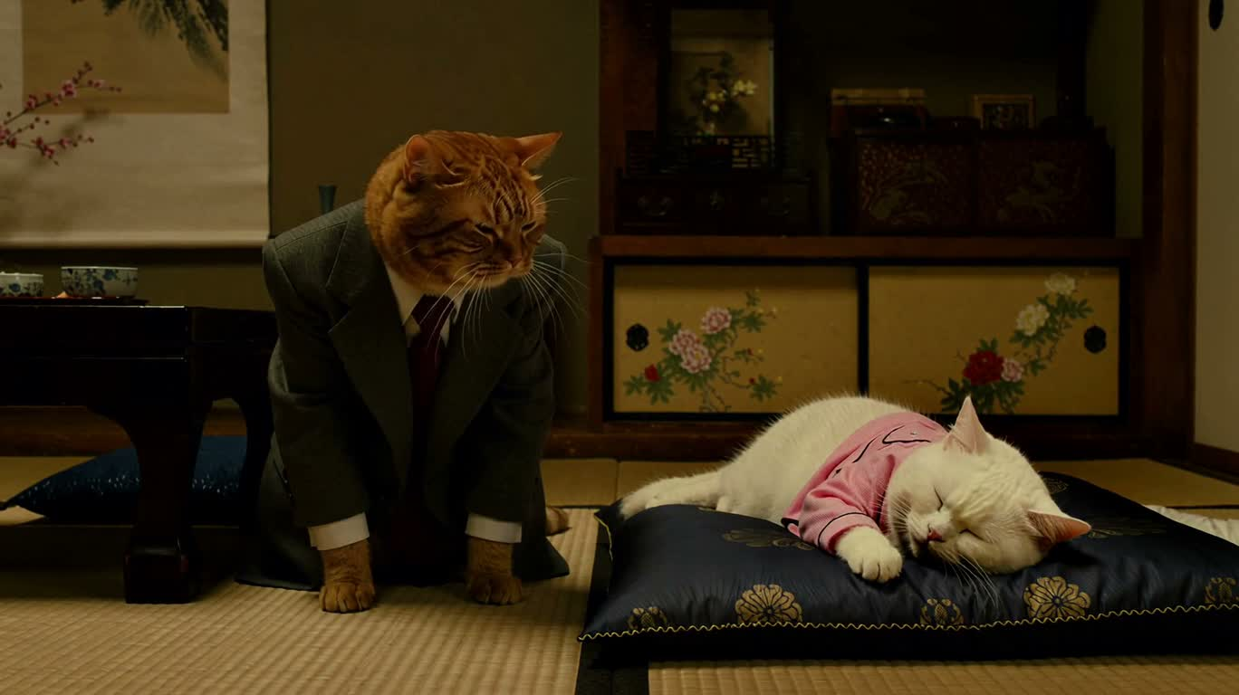 橘猫穿越雪泉的荒诞惊魂喜剧 — AI video creation