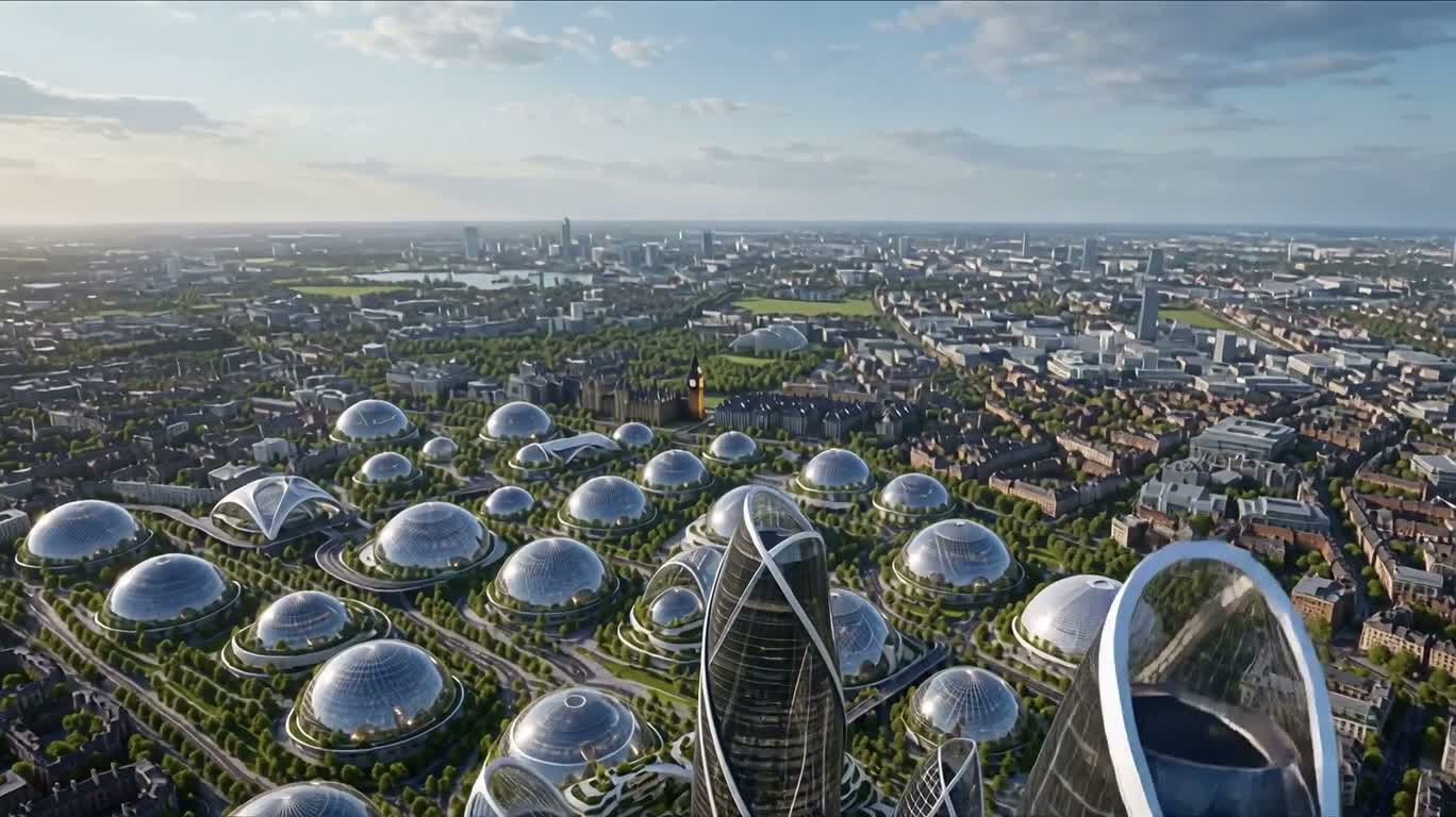 生態的未来ロンドン全景 — AI video prompt