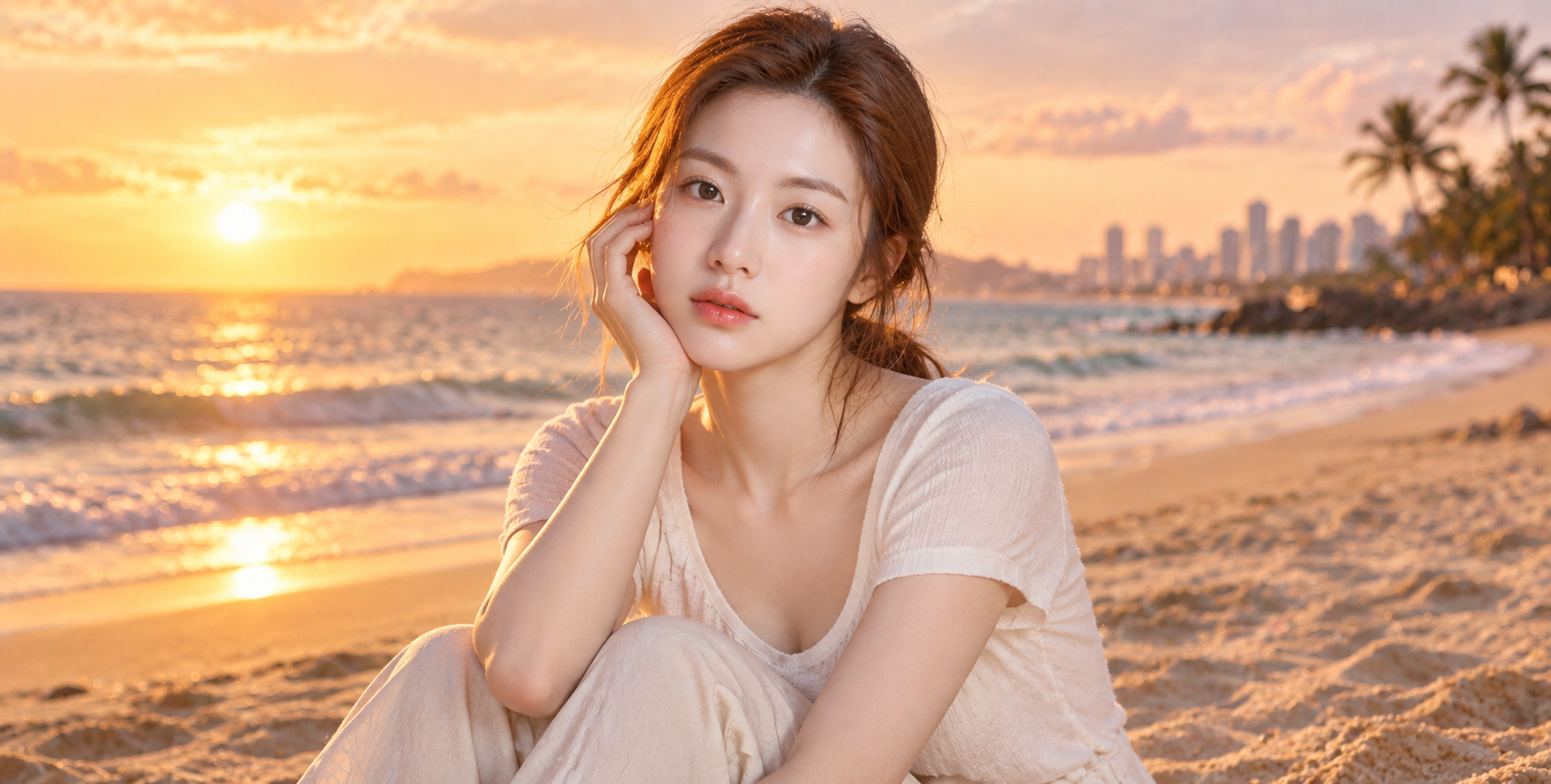 海风夕照海滩生活方式人像 — AI image creation