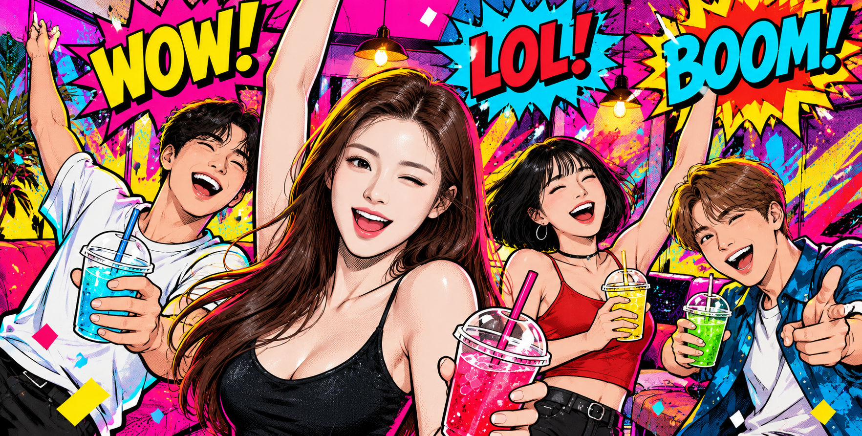 成人好友派对的原创波普漫画插画 — AI image creation
