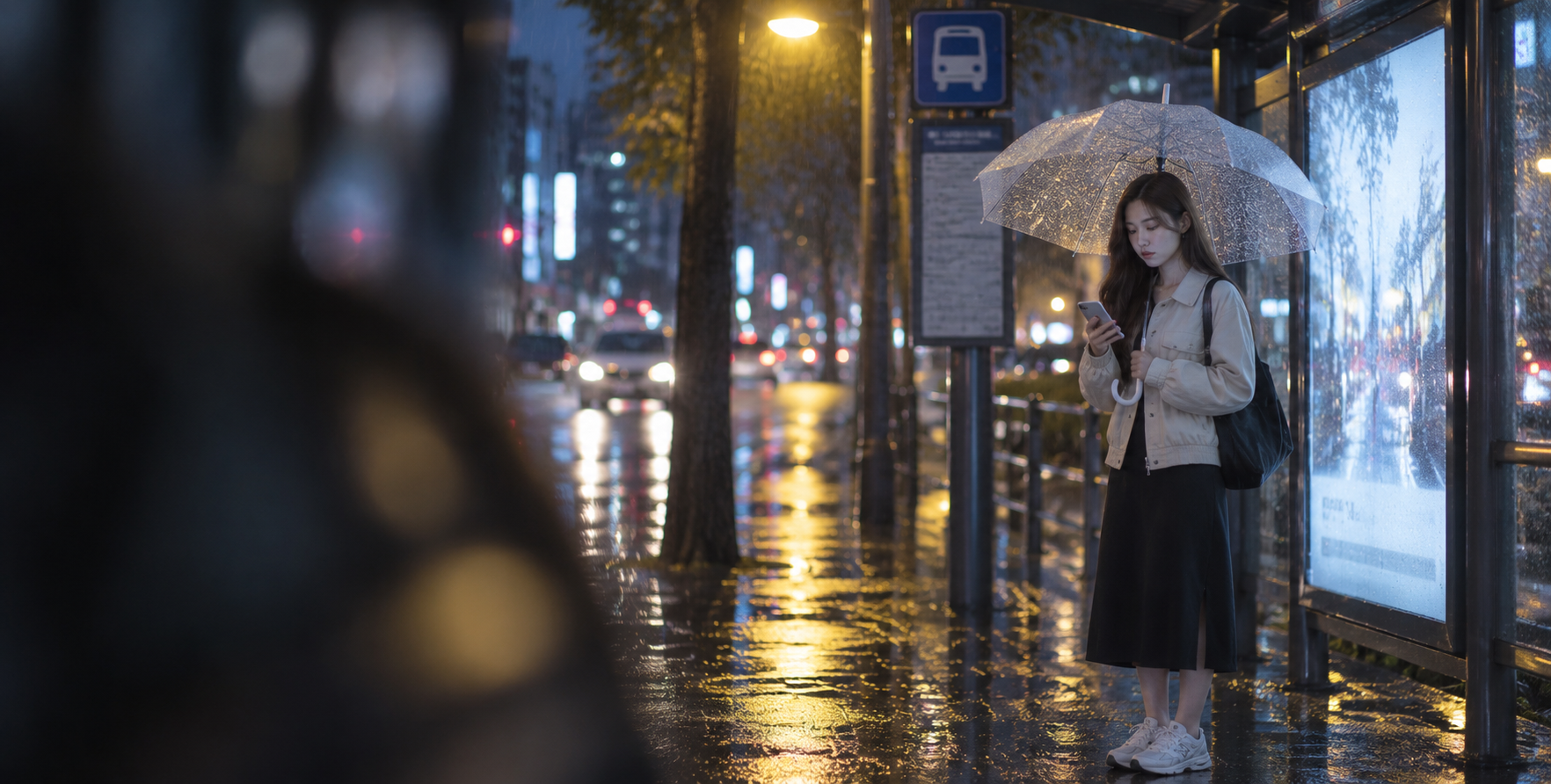 雨夜公交站的偶然一瞥 — AI image creation