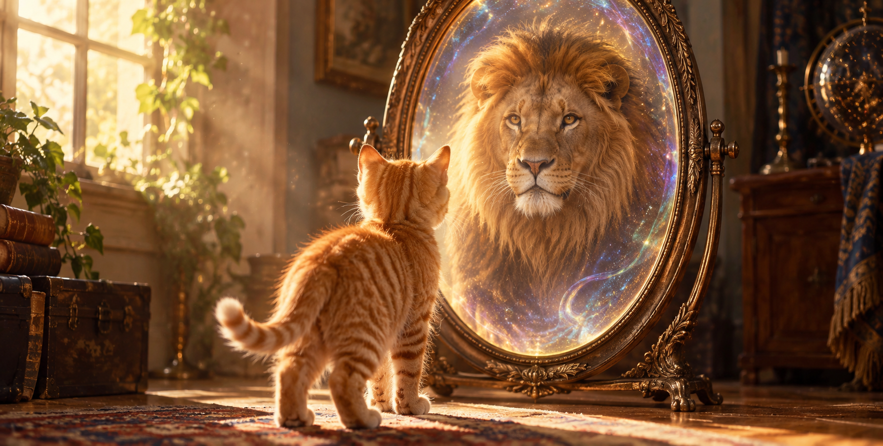 Lion's Reflection in the Orange Cat's Magic Mirror