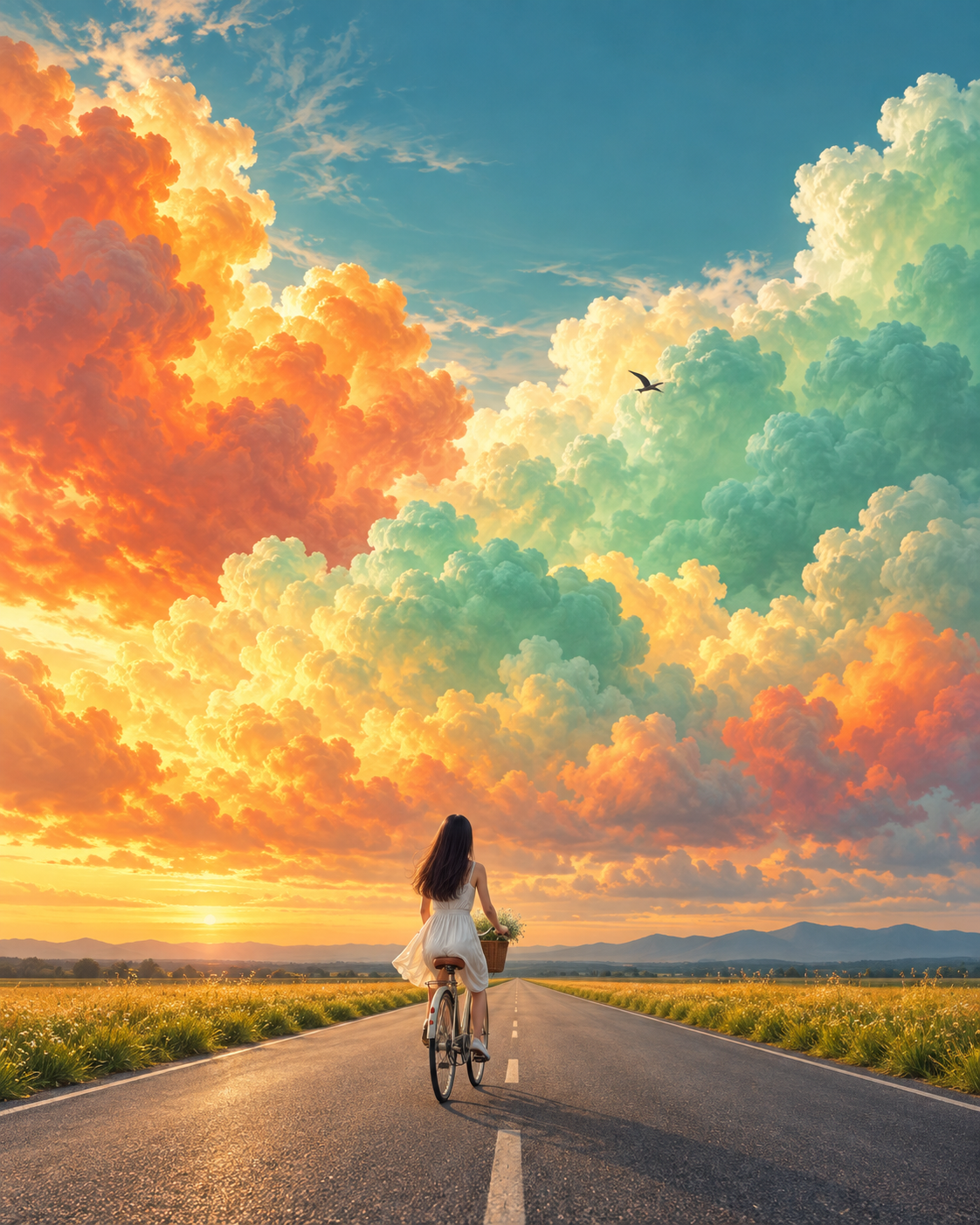 橘黄薄荷绿云海下骑行的女子超现实摄影 — AI image creation