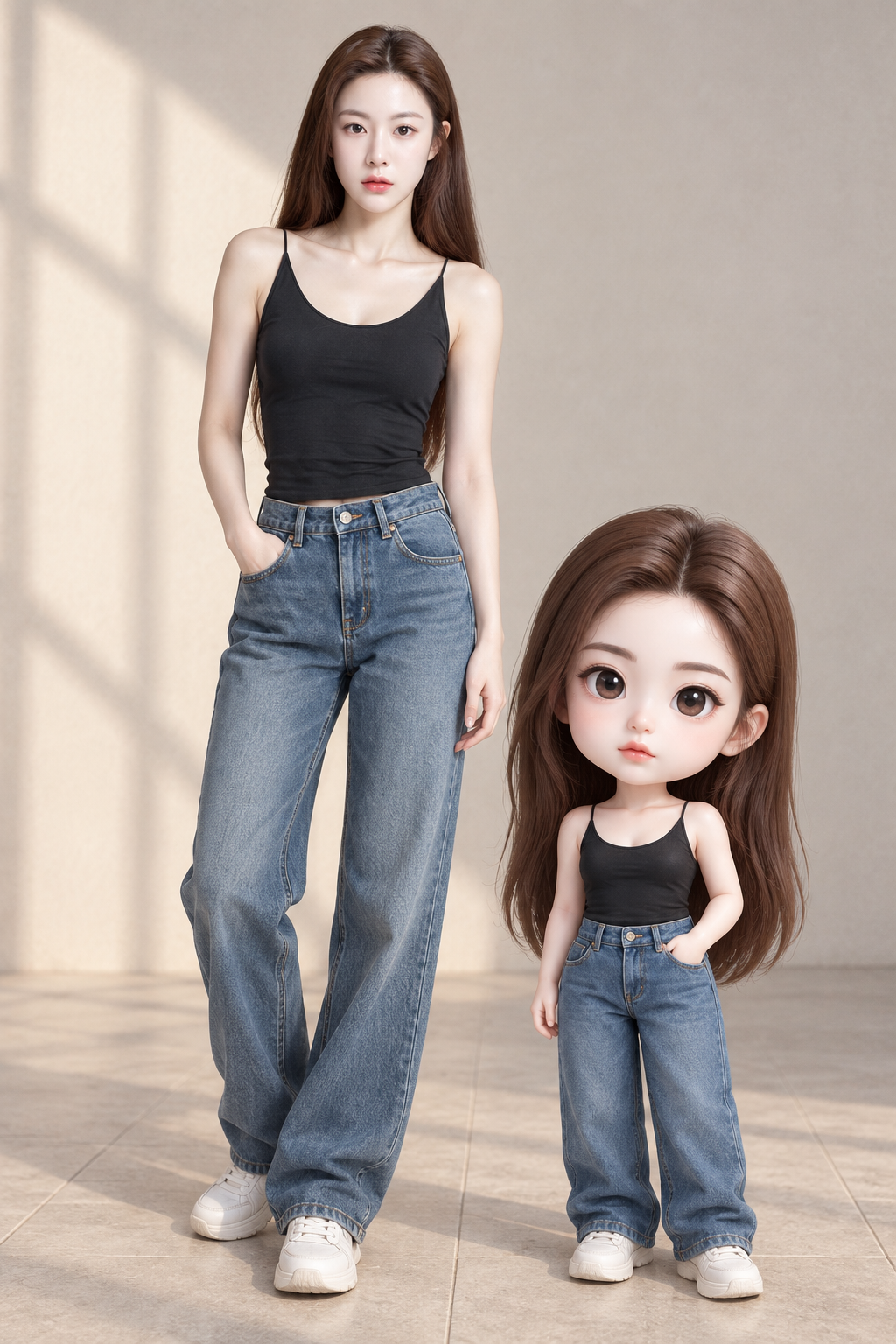 真人与 Q 版分身的并排身份肖像 — AI image creation