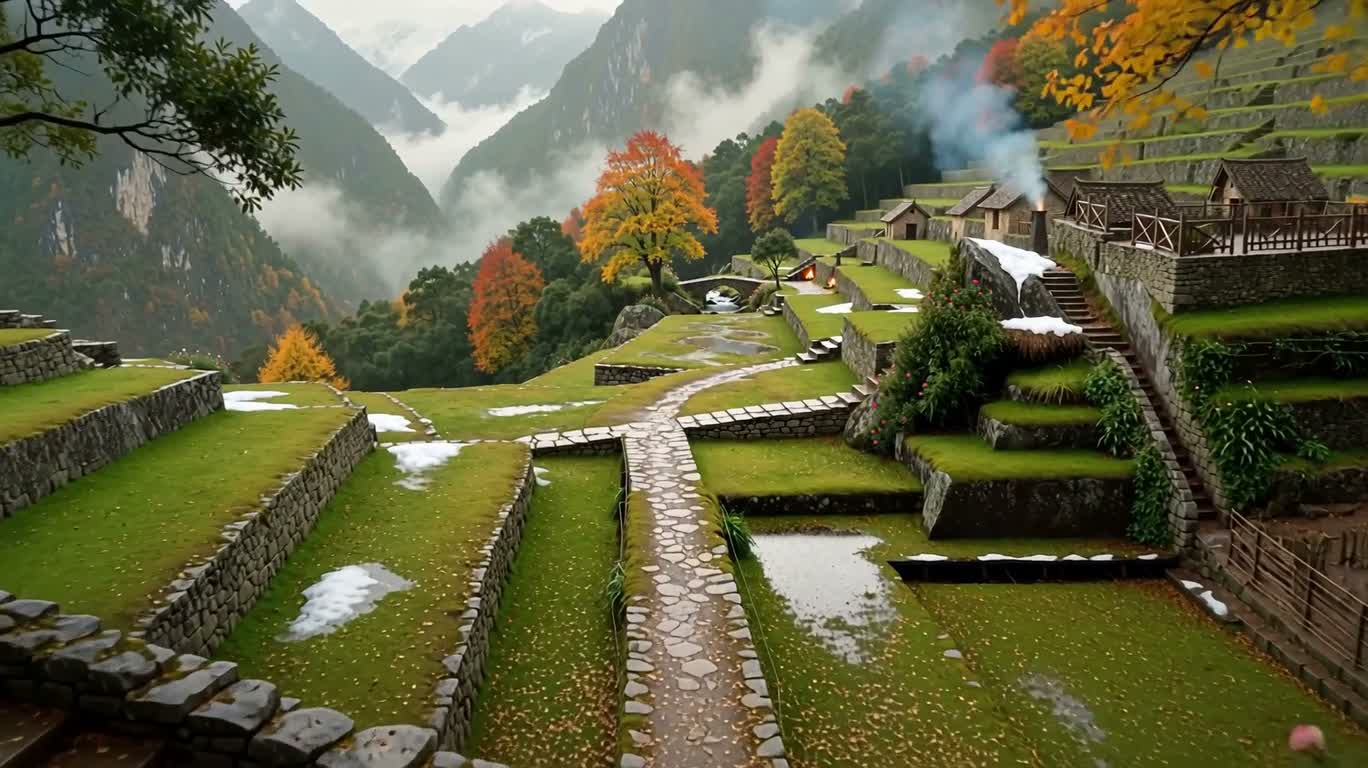 Machu Picchu in Autumn Rain and Mist