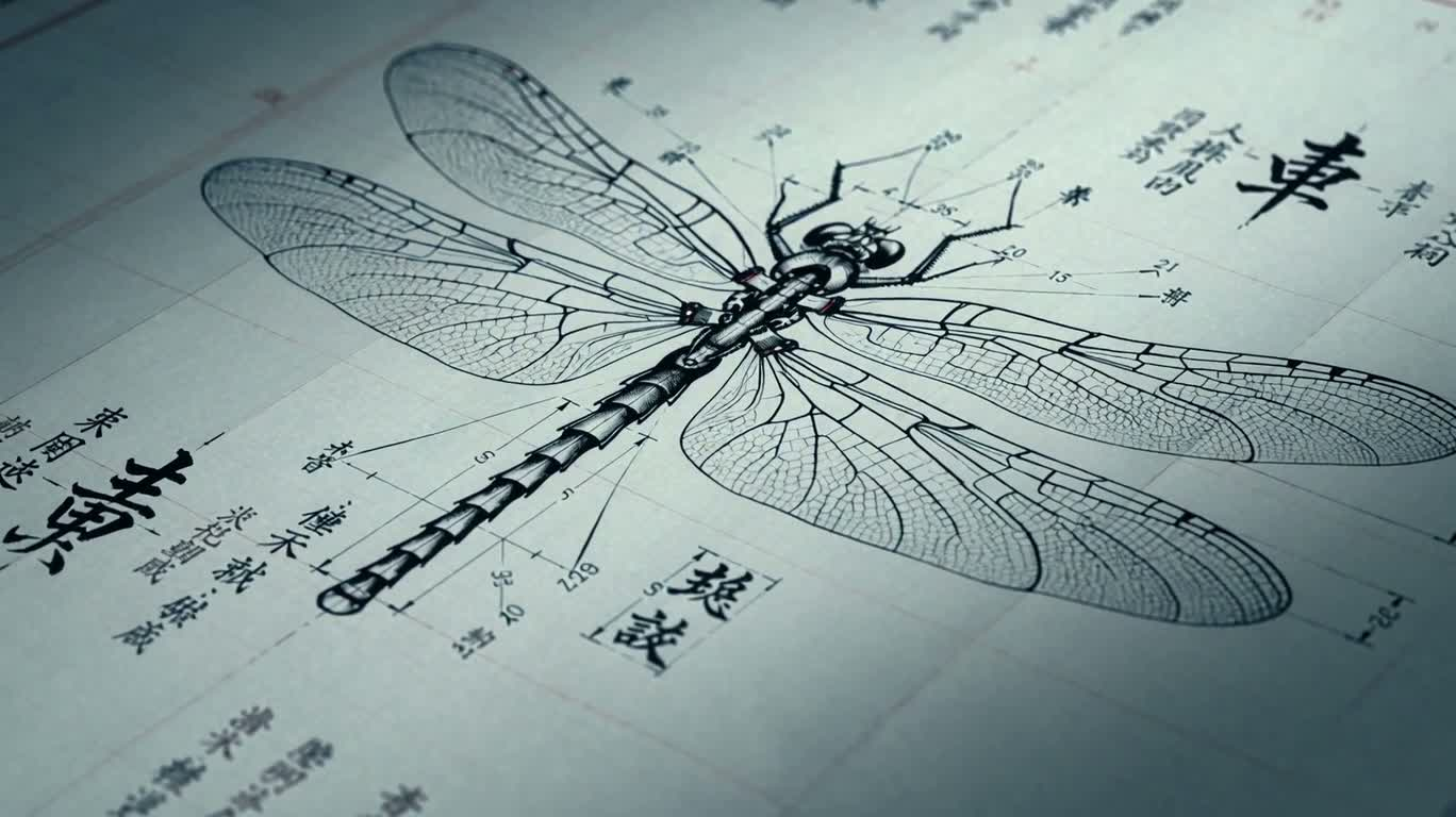 机械蜻蜓汉字蓝图 — AI video creation