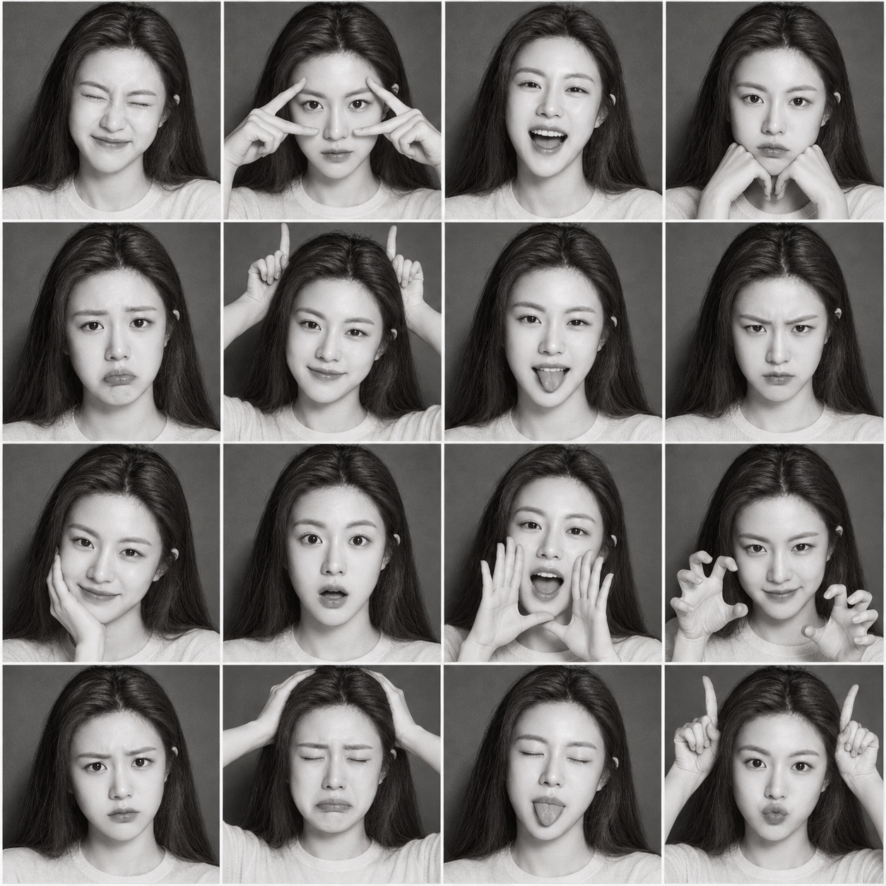 黑白大头贴中的十六种俏皮表情 — AI image creation