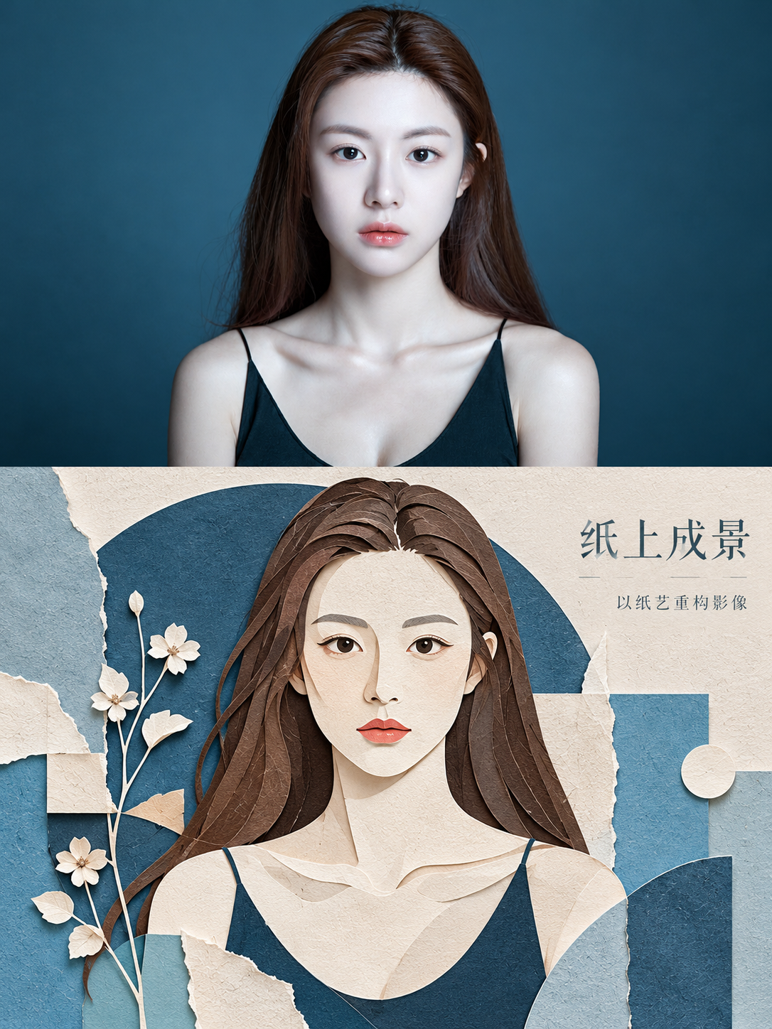 原片与纸雕拼贴结合的高端社论海报 — AI image creation
