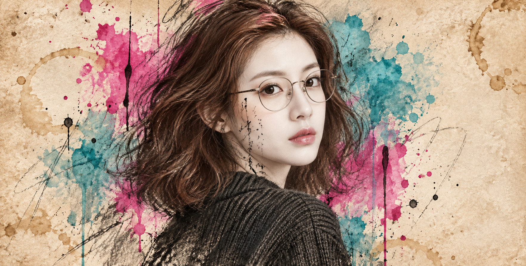 铅笔素描与洋红青蓝水彩交融的成年女性肖像 — AI image creation