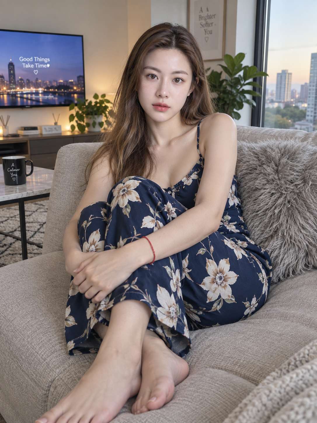 客厅沙发上的广角赤脚生活方式肖像 — AI image creation