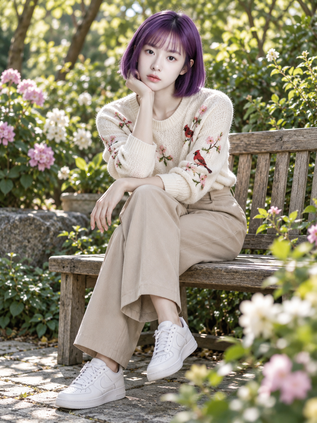 Wareen紫色波波头成年女性的植物园肖像 — AI image creation