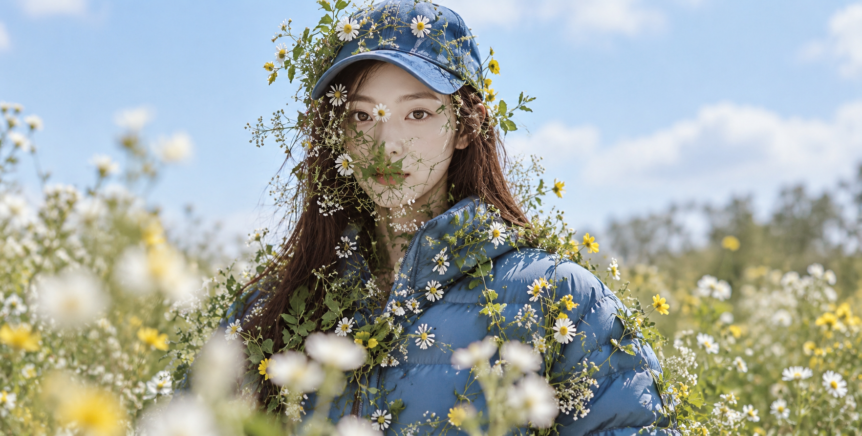花海中被绿植与小花覆盖的成年女性 — AI image creation