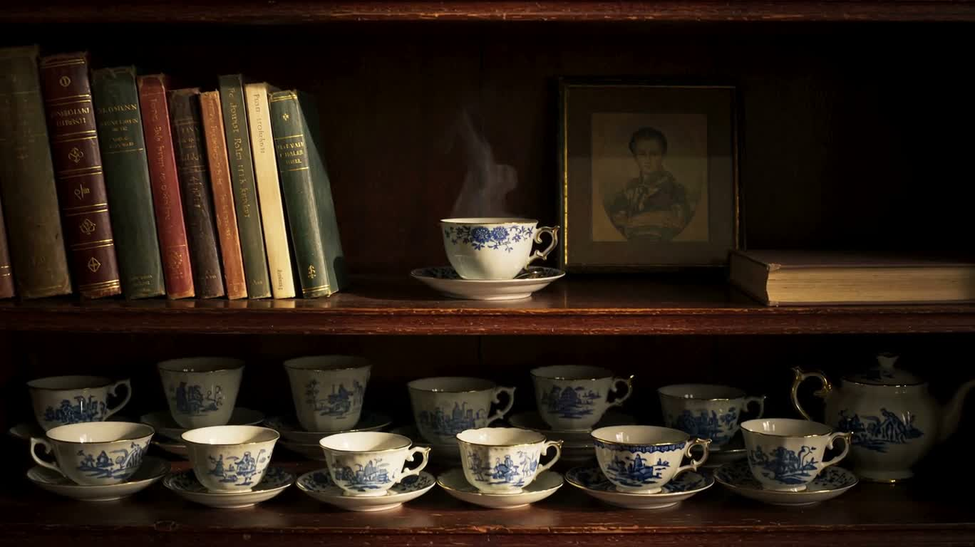 书架上的咖啡与古董茶杯
