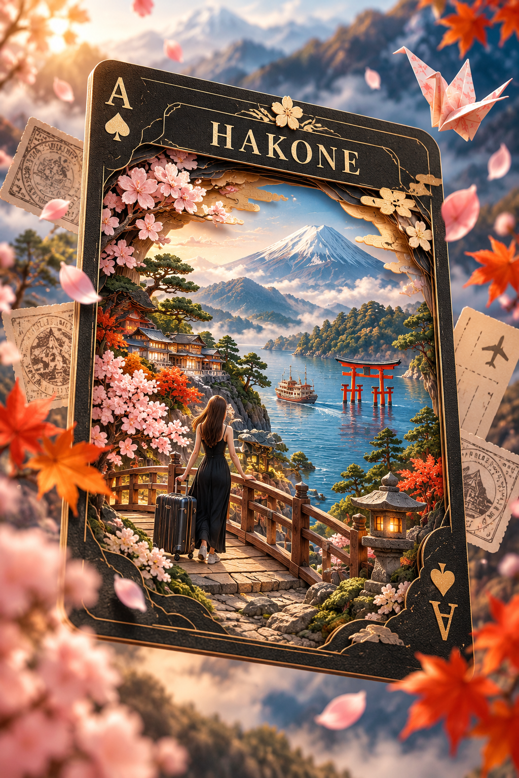 日本箱根立体纸雕奇幻旅行海报 — AI image creation