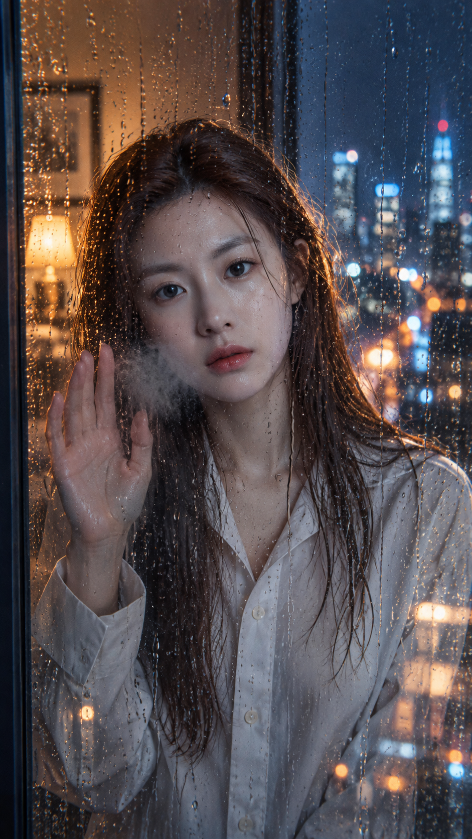 暴雨窗后的迷离眼神与白衬衫成年肖像 — AI image creation