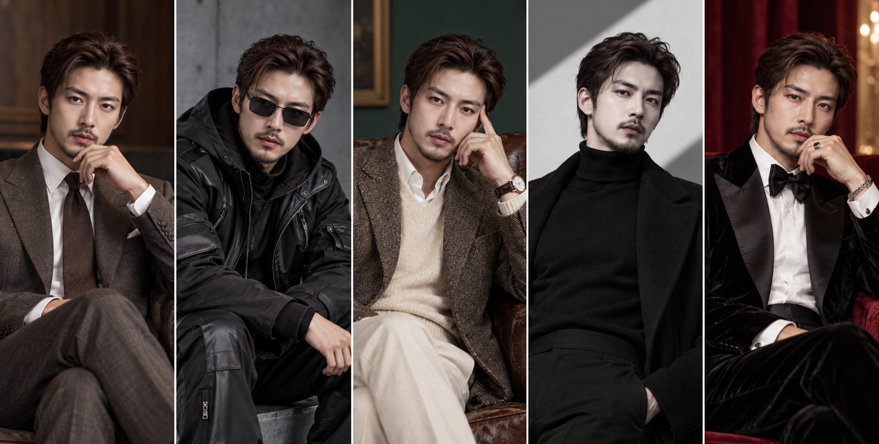 同一身份的五格奢华男装时尚看板 — AI image creation
