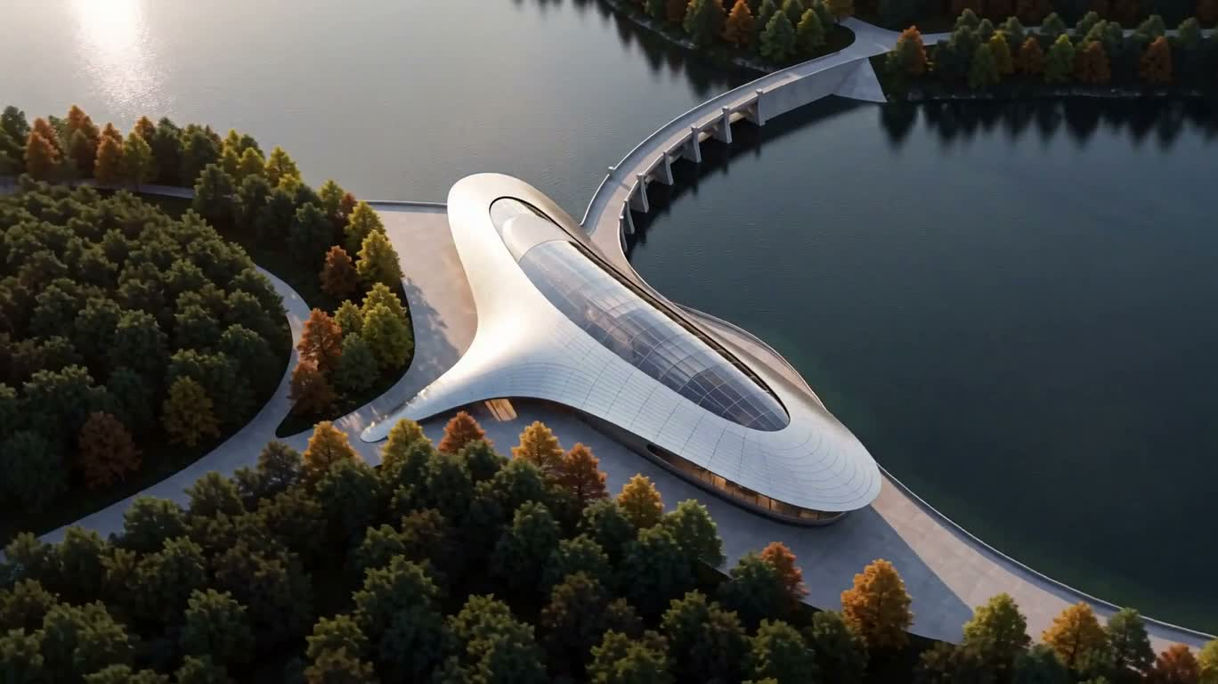 Streamlined Serpentine Building on a Lake Dam — AI video creation