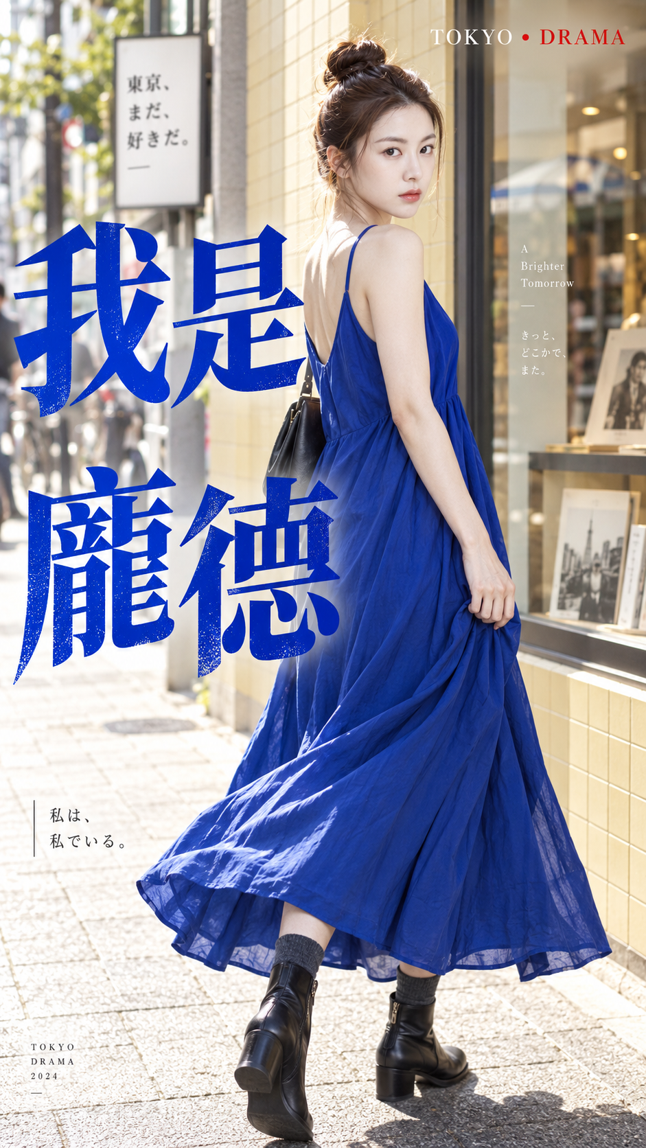現代ドラマ風ブルーワンピースのストリートポスター — AI image creation