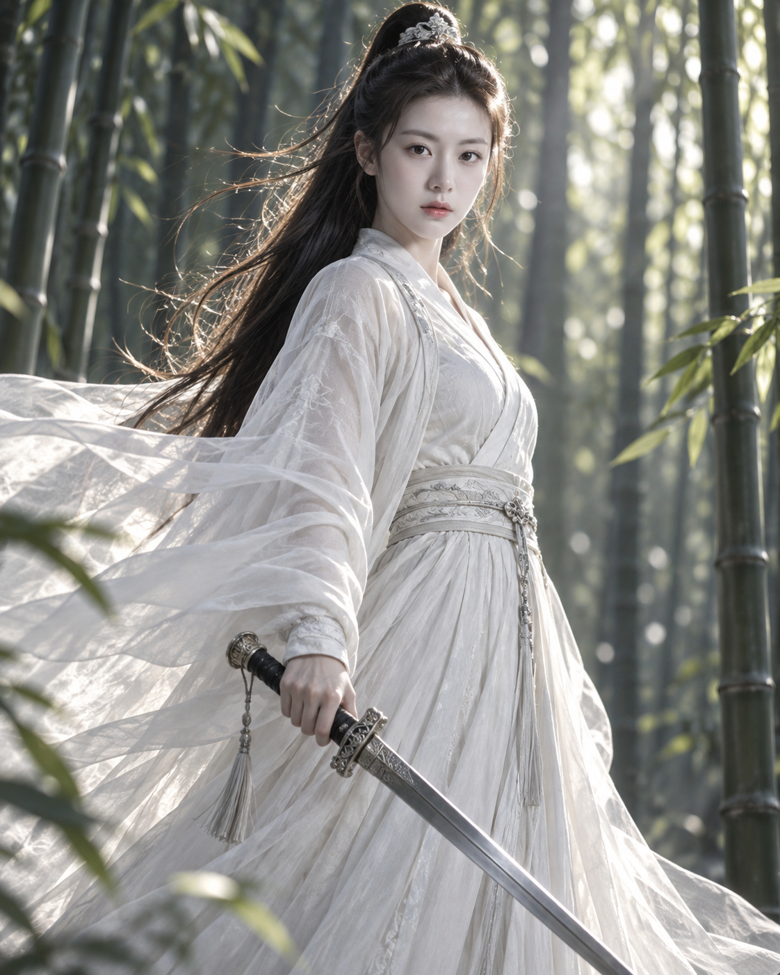 竹林侧逆光下的白衣女侠肖像 — AI image creation