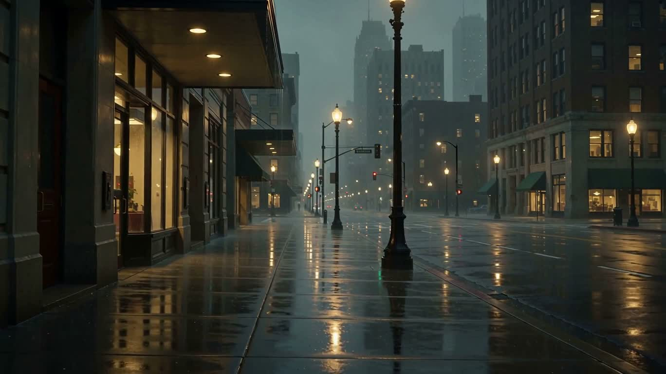 雨の街の孤独な影 — AI video creation