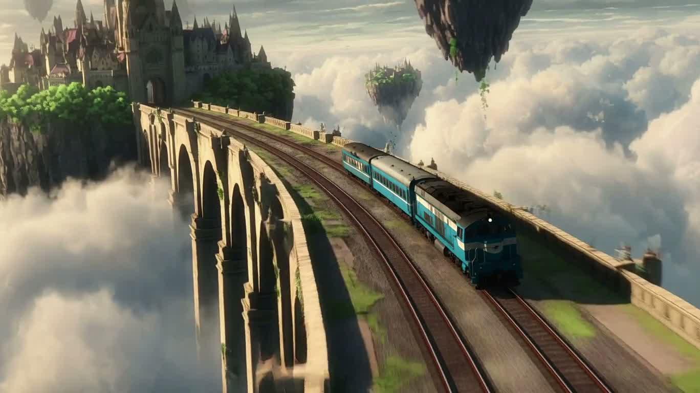 Sky-Train Duel Above the Floating Gothic City — AI video creation